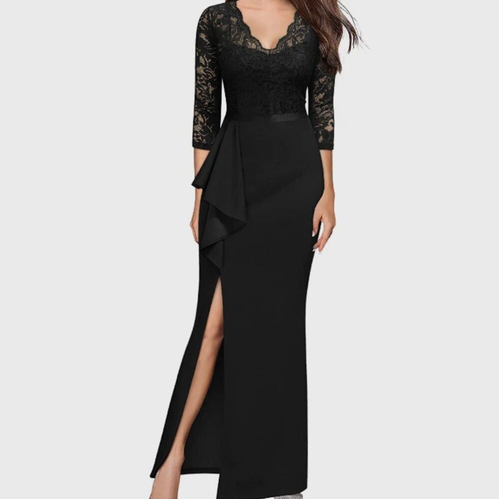 MISSMAY Vintage Floral Lace Ruffle Half Sleeve Evening Party Formal Long Dress